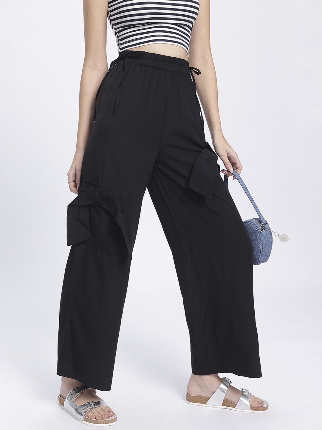 

glitchez Women Glam Style Side Bows Regular Fit Trousers, Black