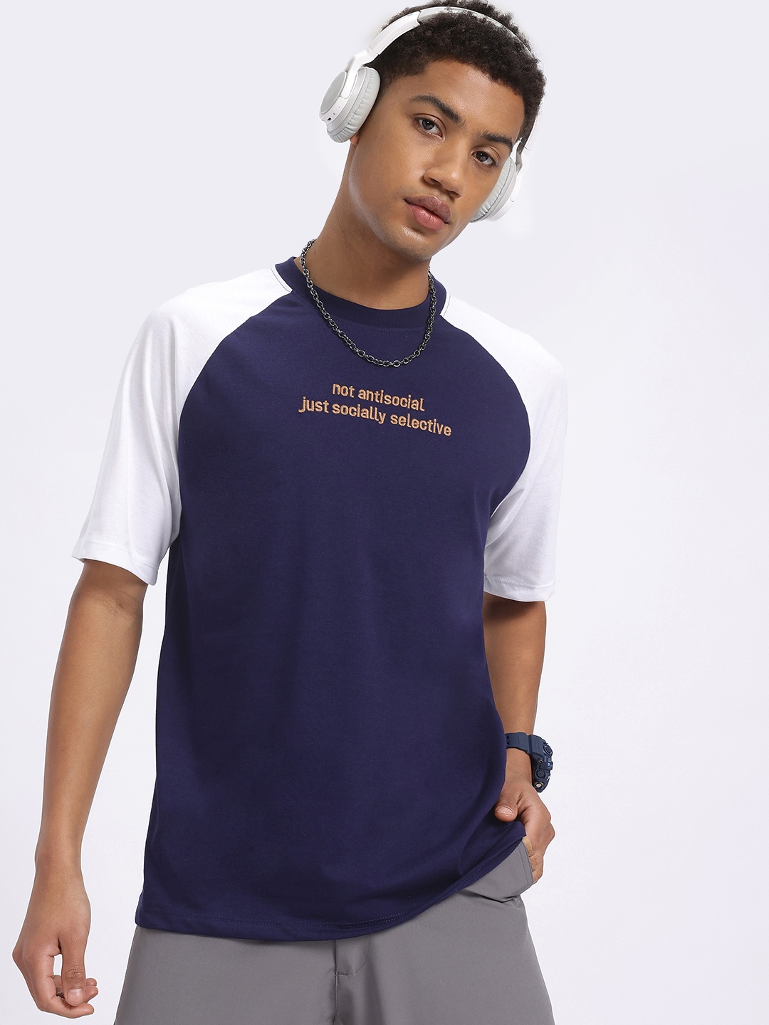 

glitchez Vibe Check Embroidered Oversized Fit T-shirt, Navy blue