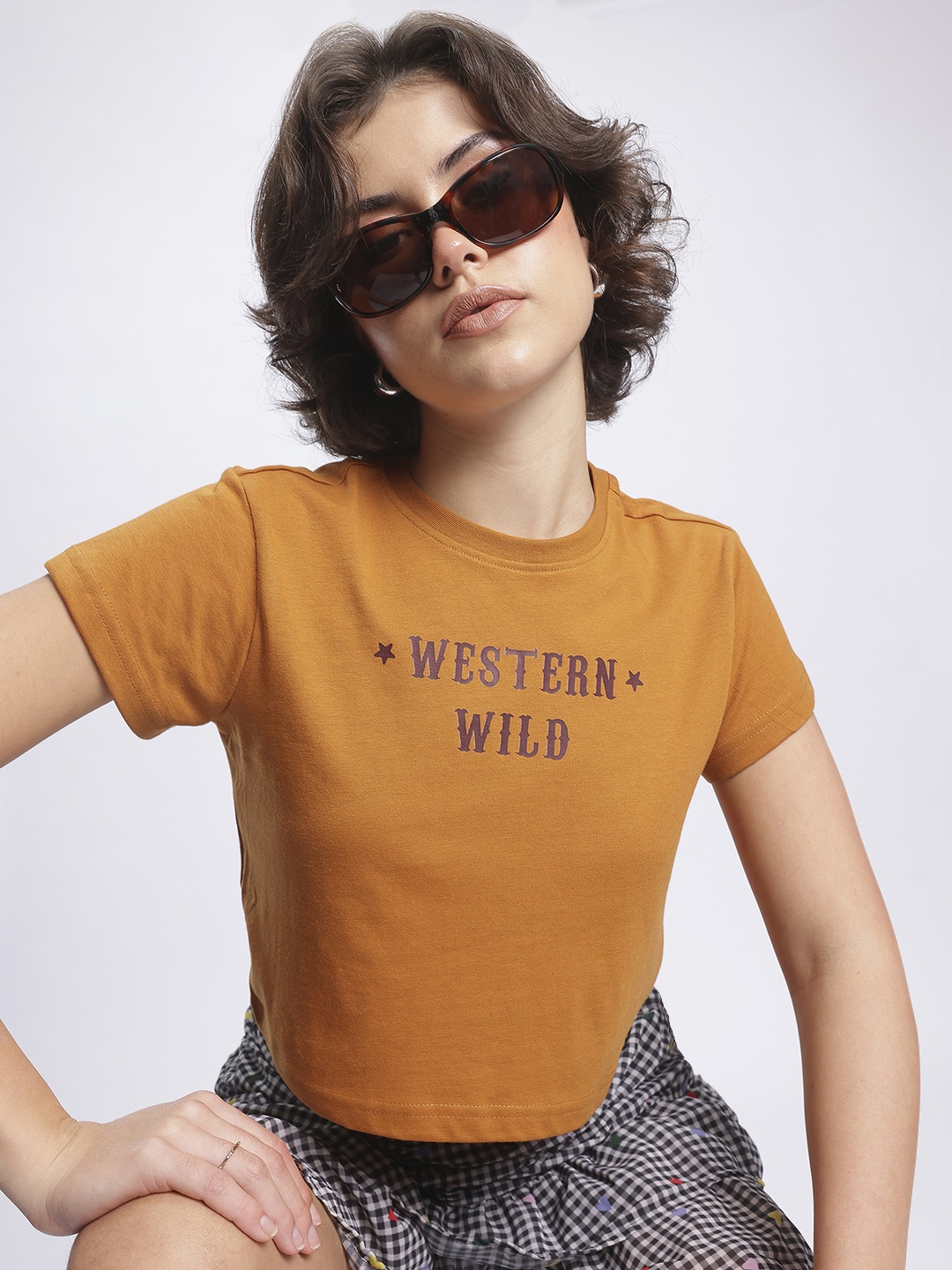 

glitchez Selfie Statement Printed Crop T-shirt, Mustard