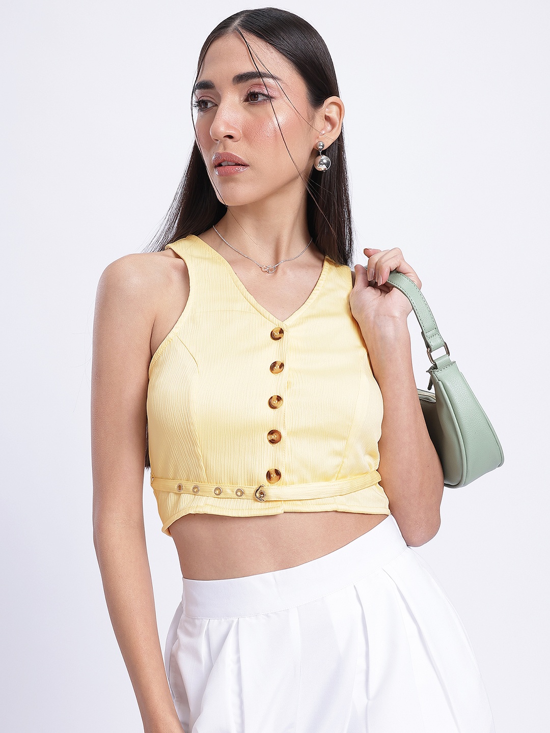 

glitchez Crinkled Chic Belted Crop Top, Yellow