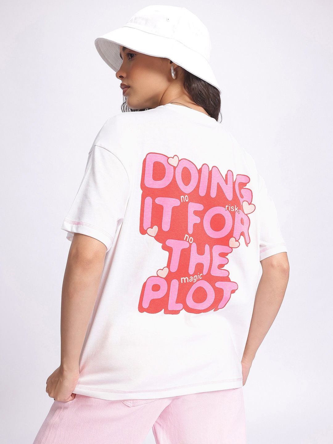 

glitchez Punny Paradise Back Printed Oversized T-shirt, White