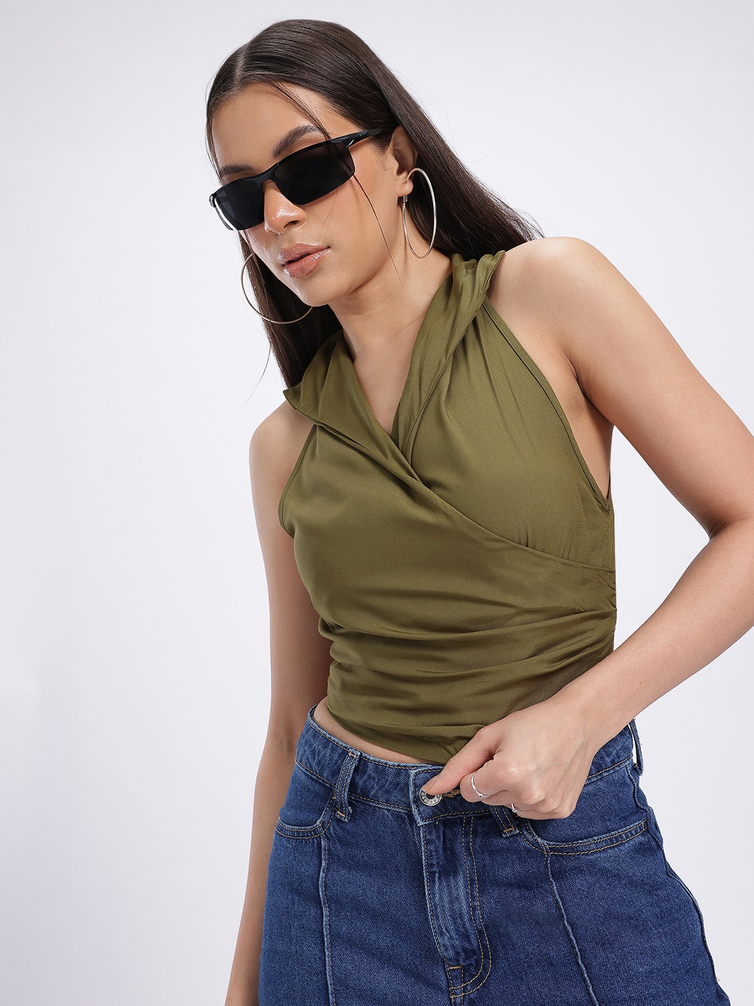 

glitchez Effortlessly Ruched Wrap-Style Fitted Crop Top, Olive