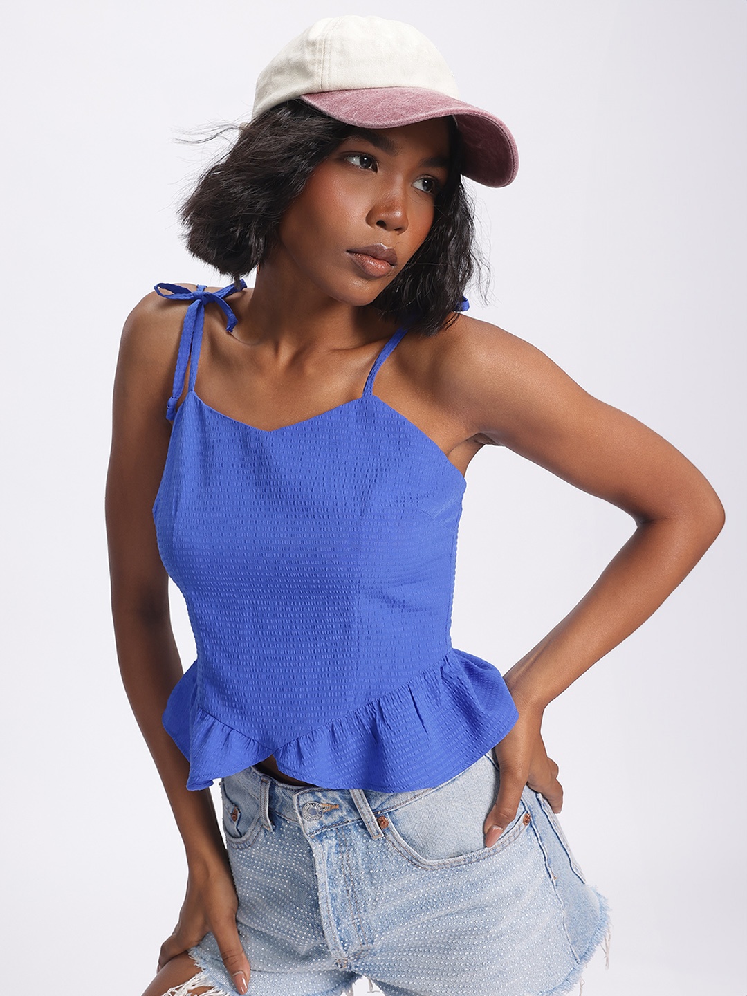 

glitchez Edgy Elegance Seersucker Smocked Back Peplum Crop Top, Blue