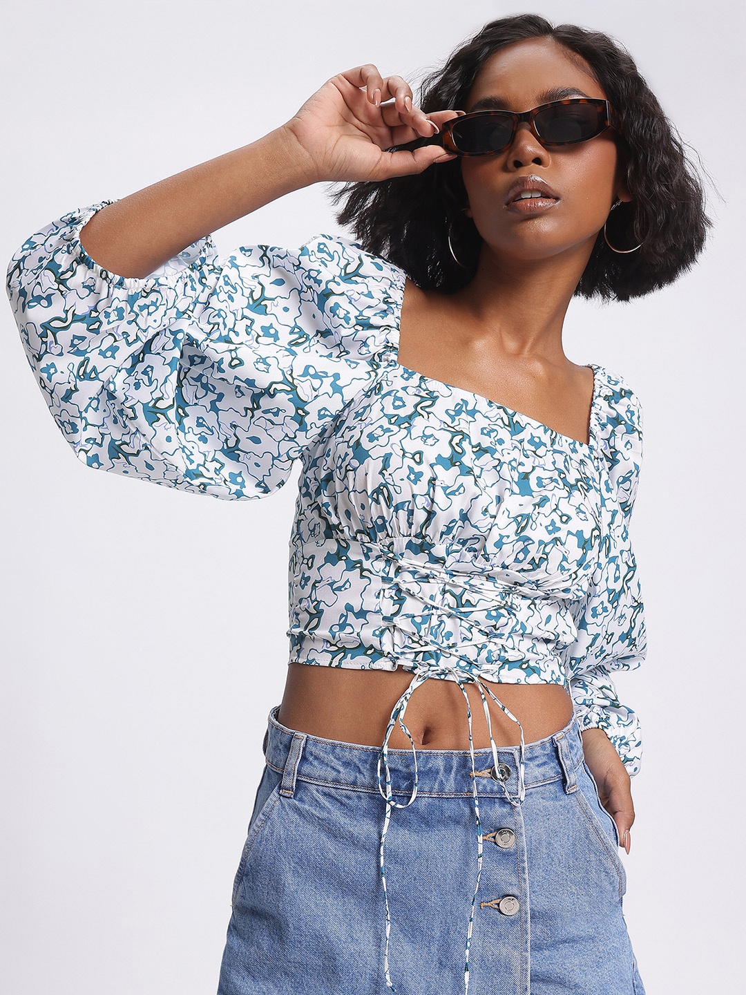 

glitchez Botanical Bliss Floral Print Lace-Up Crop Top, White