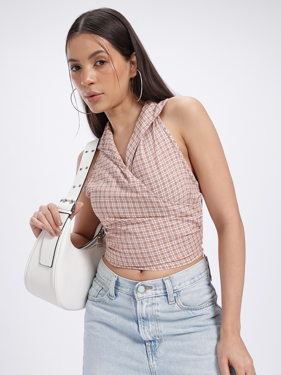 

glitchez Effortlessly Checkered Ruched Wrap-Style Fitted Crop Top, White