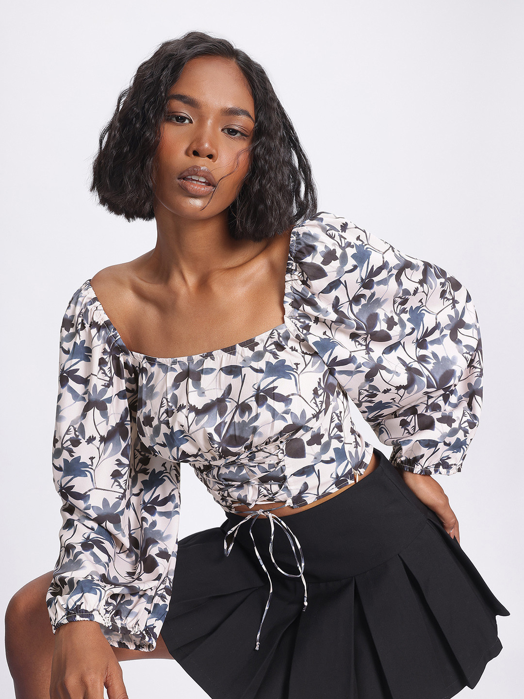 

glitchez Serene Petals Floral Print Lace-Up Crop Top, Off white