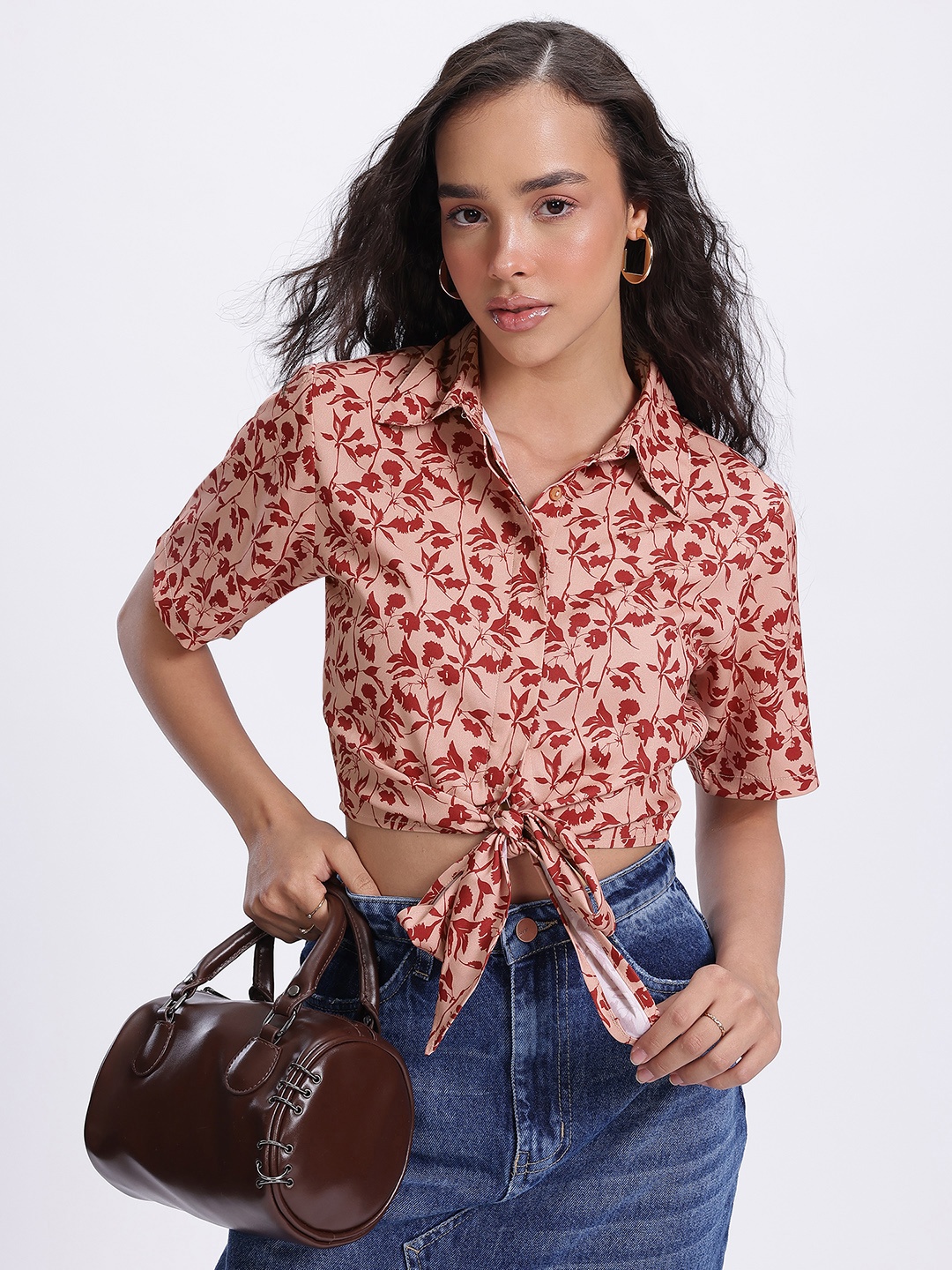 

glitchez Autumn Rush Printed Shirt-Style Top, Peach