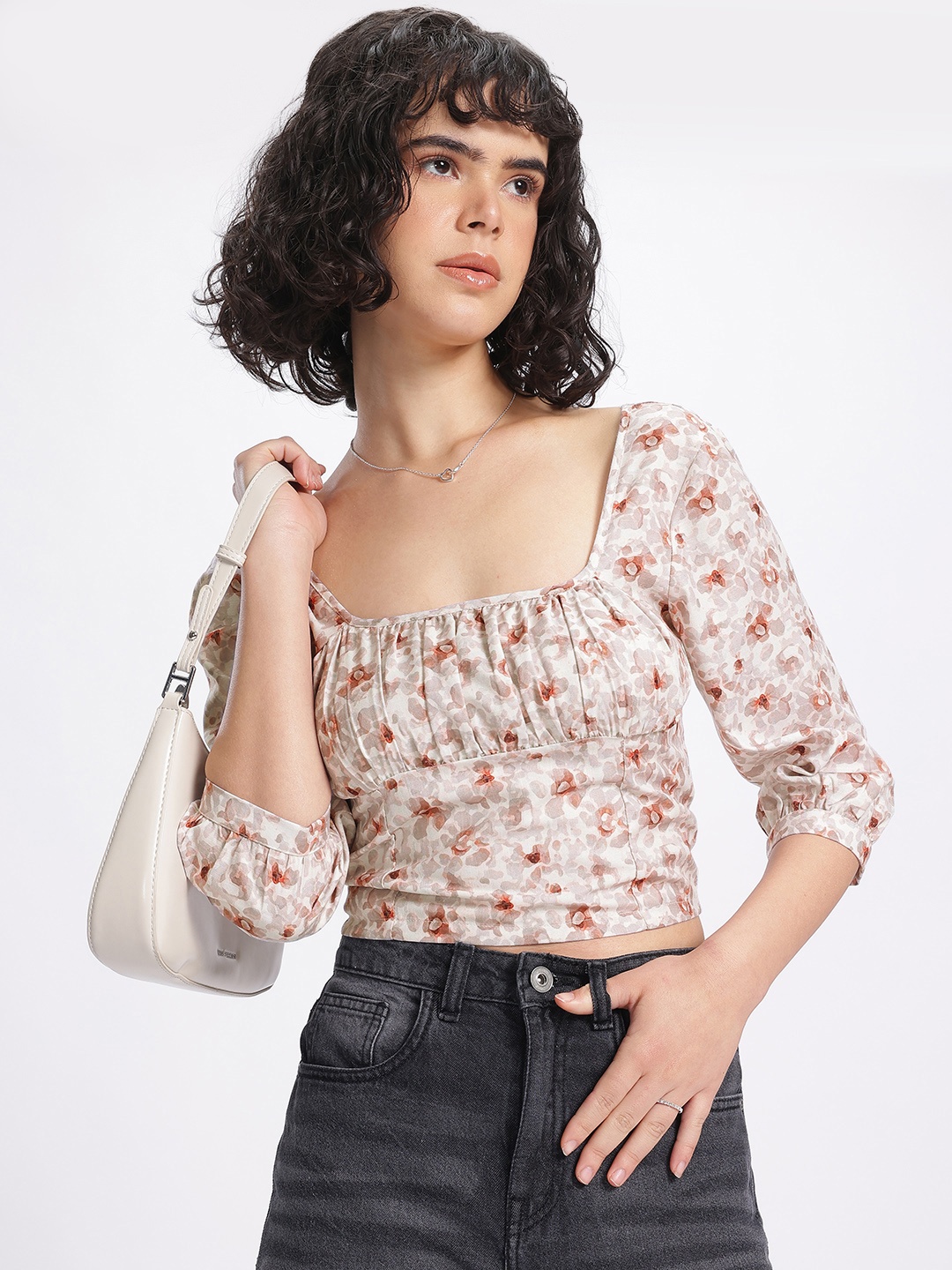 

glitchez Floral Serenity Printed Square Neck Top, Beige