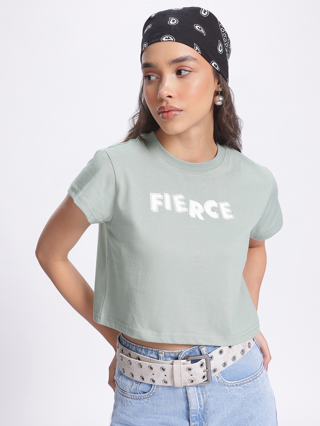 

glitchez Urban Threads Print Detail Crop T-shirt, Green