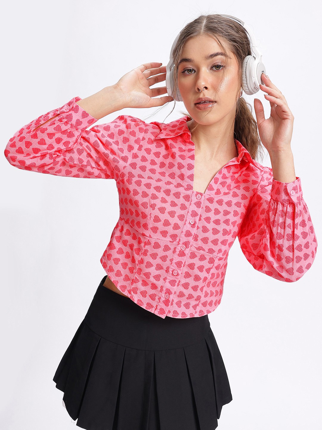 

glitchez Whimsical Hearts Printed Cotton-Linen Crop Shirt-Style Top, Pink