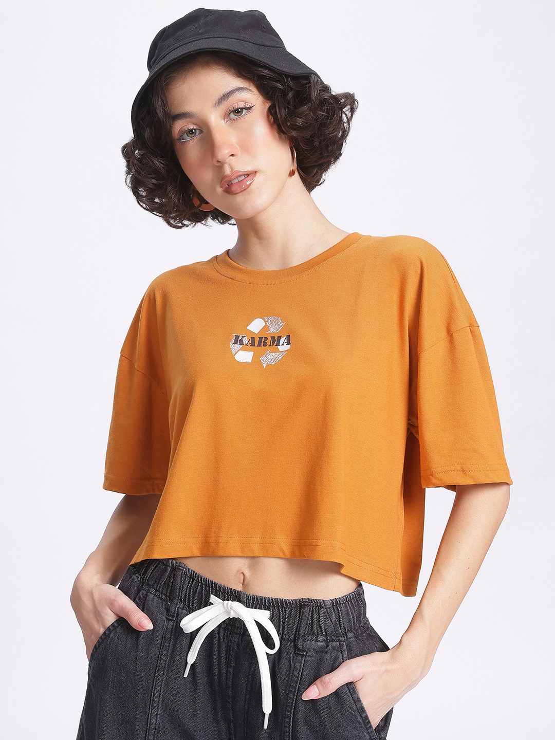 

glitchez Knit City Vibes Print Detail Crop T-shirt, Orange