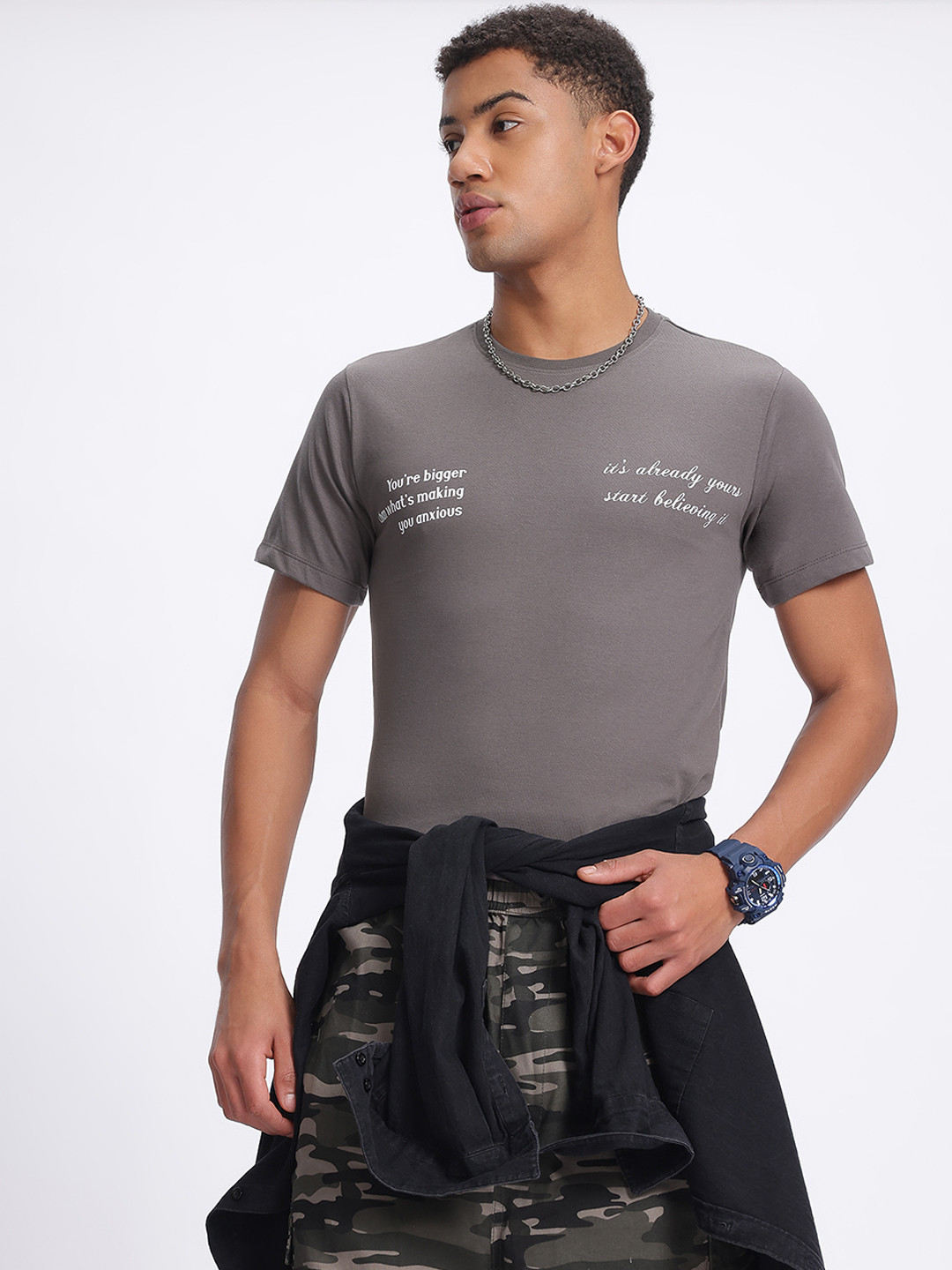 

glitchez Statement Slogans Print Regular Fit T-shirt, Grey