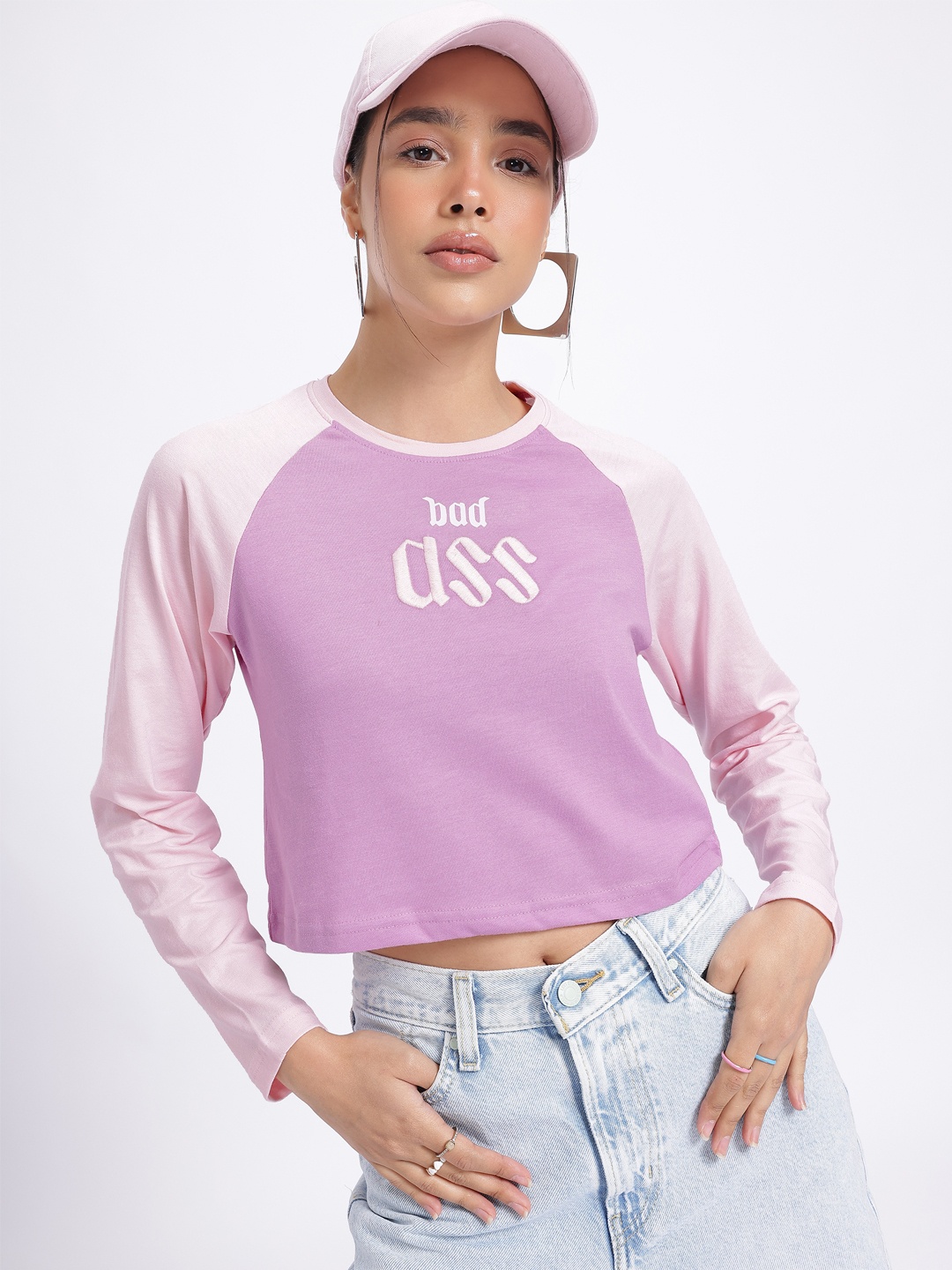 

glitchez Minimal Mood Embroidered Raglan Sleeve Crop T-shirt, Purple