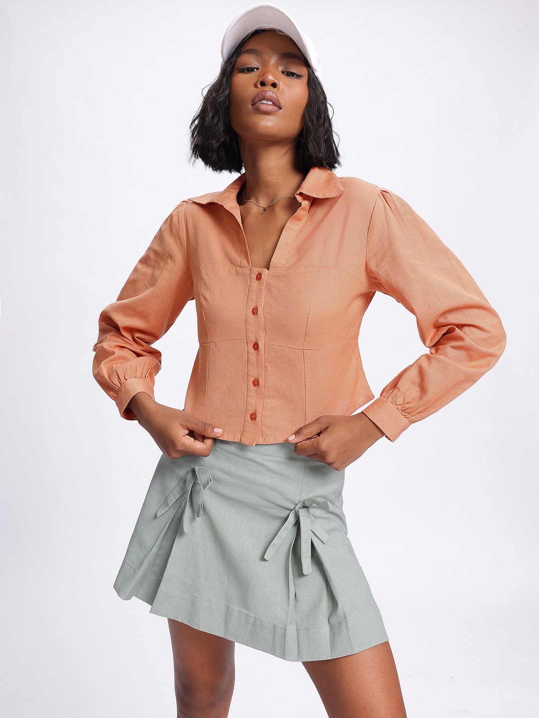 

glitchez Refined Charm Cotton-Linen Crop Shirt-Style Top, Rust