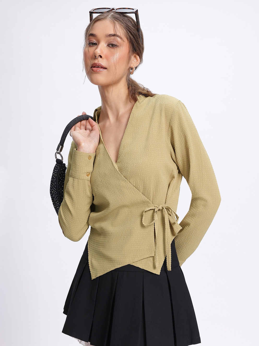 

glitchez Textural Beauty Tie-Up Detail Asymmetric Wrap Top, Olive