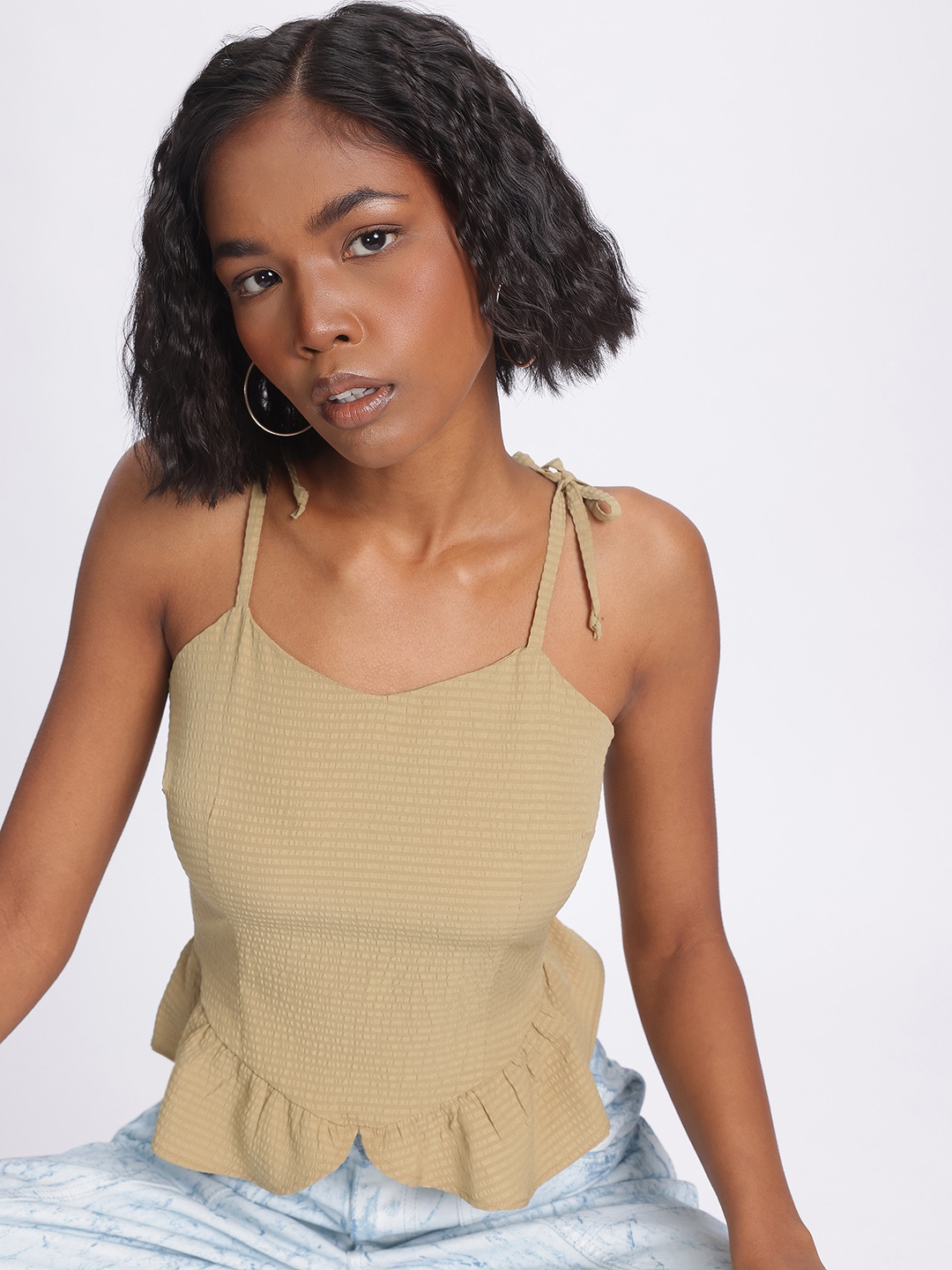 

glitchez Minimalist Muse Seersucker Smocked Back Peplum Crop Top, Khaki
