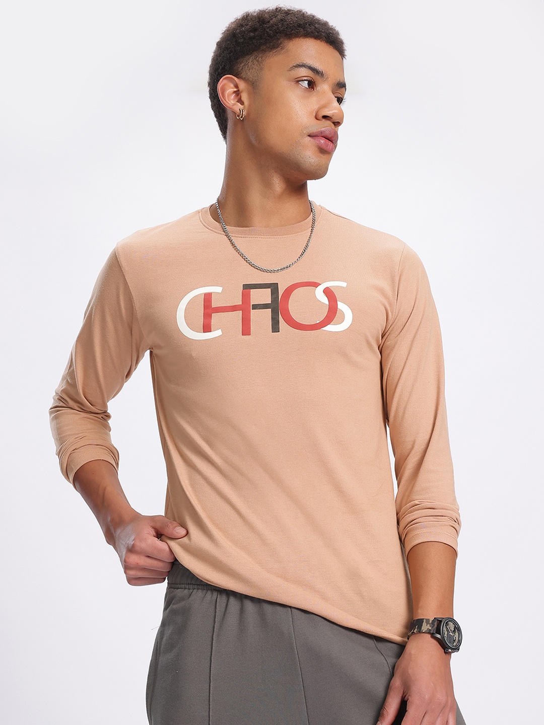 

glitchez Script Style Printed T-shirt, Peach