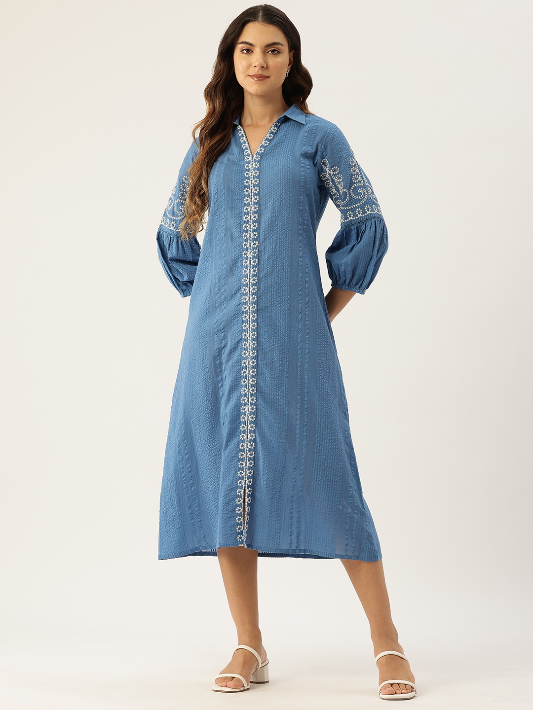 

MISRI Ethnic Motifs Embroidered Lantern Sleeve A-Line Midi Dress, Blue