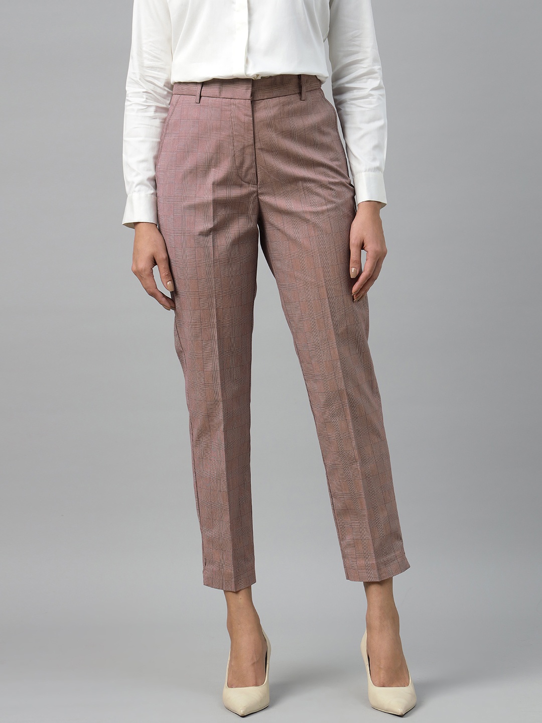 

English Navy Women Checked Classic Slim Fit High-Rise Trousers, Brown