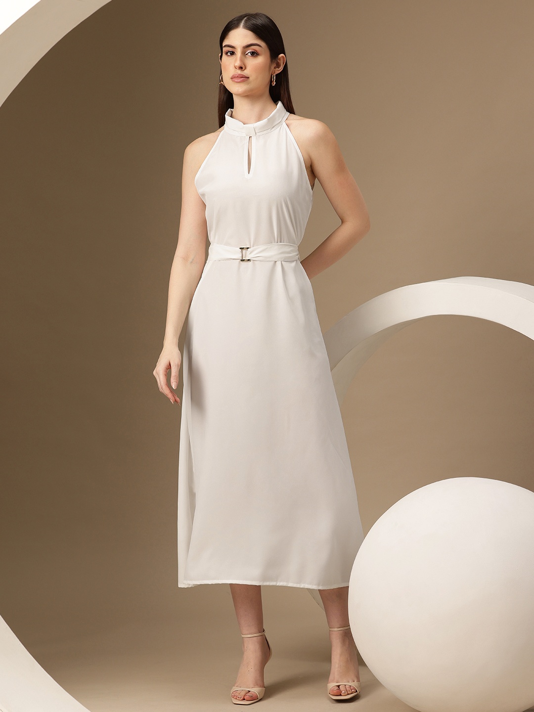 

Chemistry Keyhole Neck Crepe Fit & Flare Midi Dress With Belt, White