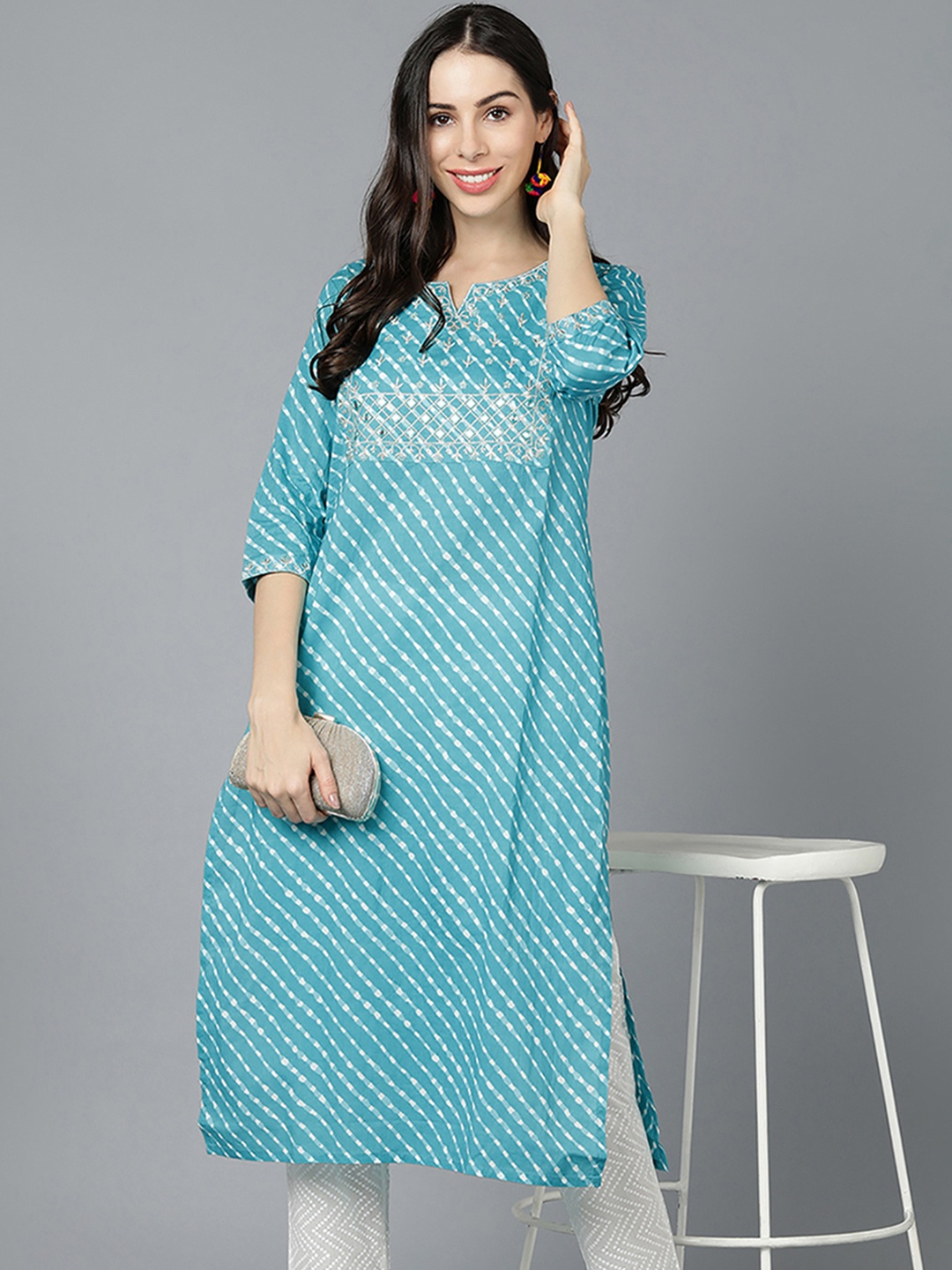 

KALINI Leheriya Printed Thread Work Notch Neck Cotton Straight Kurta, Blue