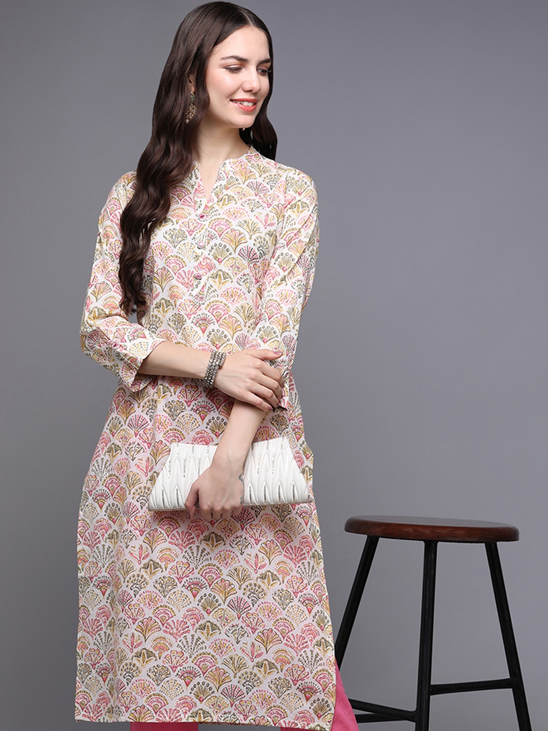 

KALINI Ethnic Motifs Printed Pure Cotton Straight Kurta, Off white