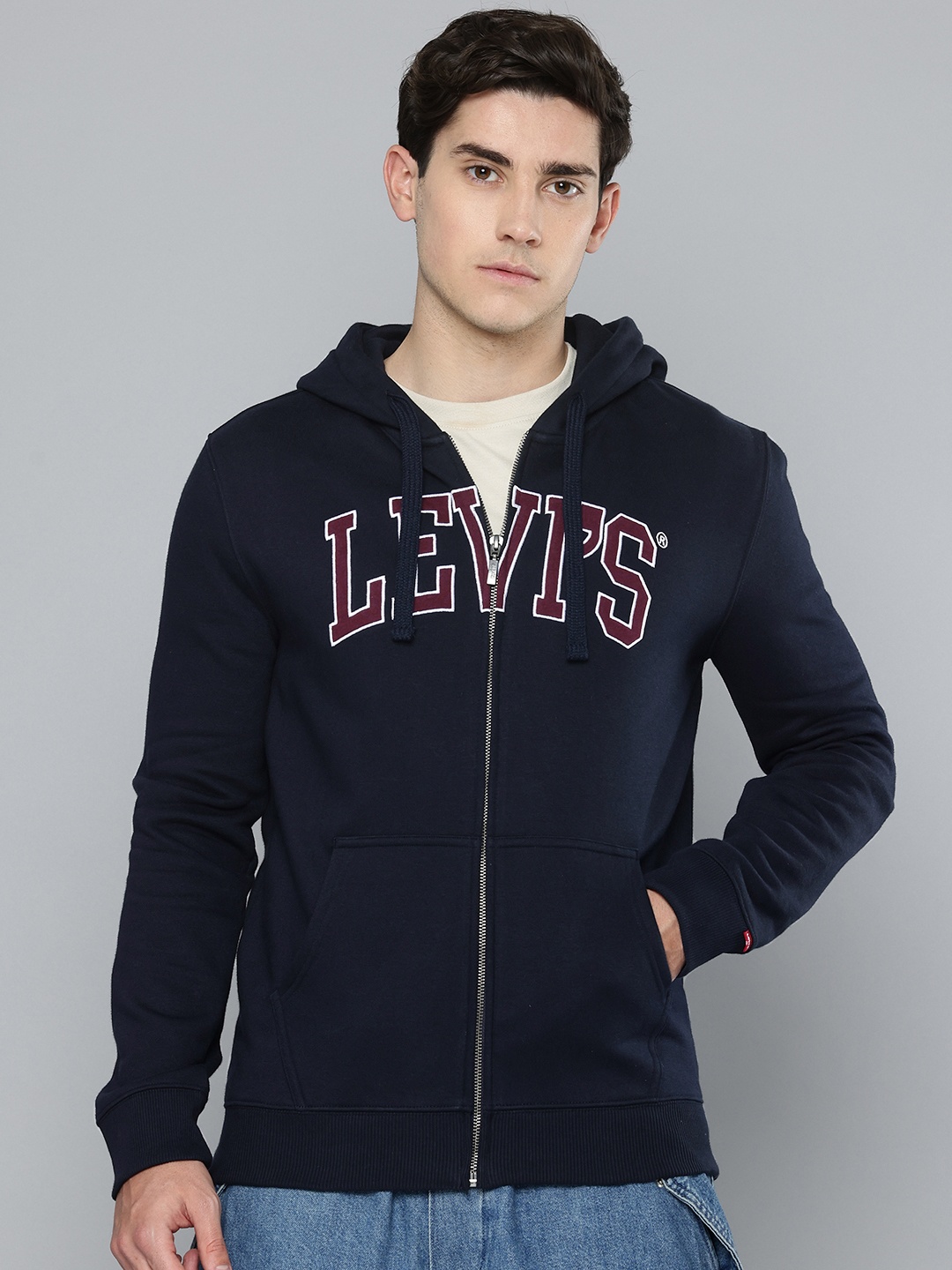 

Levis Brand Logo Applique Detail Open Front Hooded Sweatshirt, Navy blue
