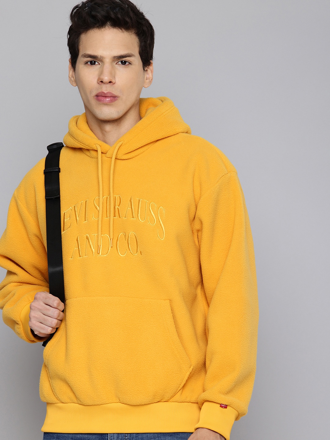 

Levis Brand Logo Embroidered Fuzzy Hooded Sweatshirt, Mustard