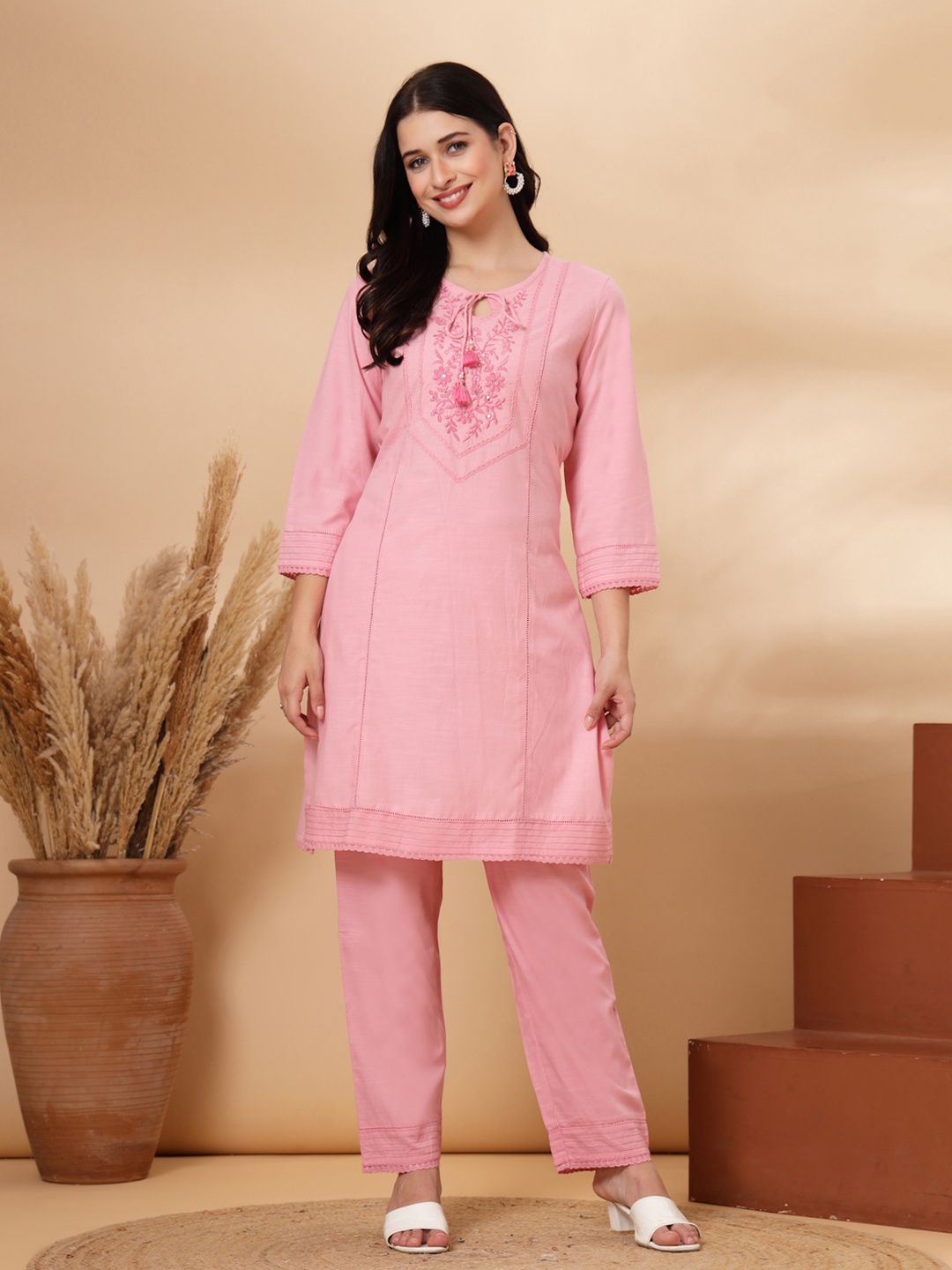 

Nayam By Lakshita Floral Embroidered Straight Kurta With Palazzos, Pink