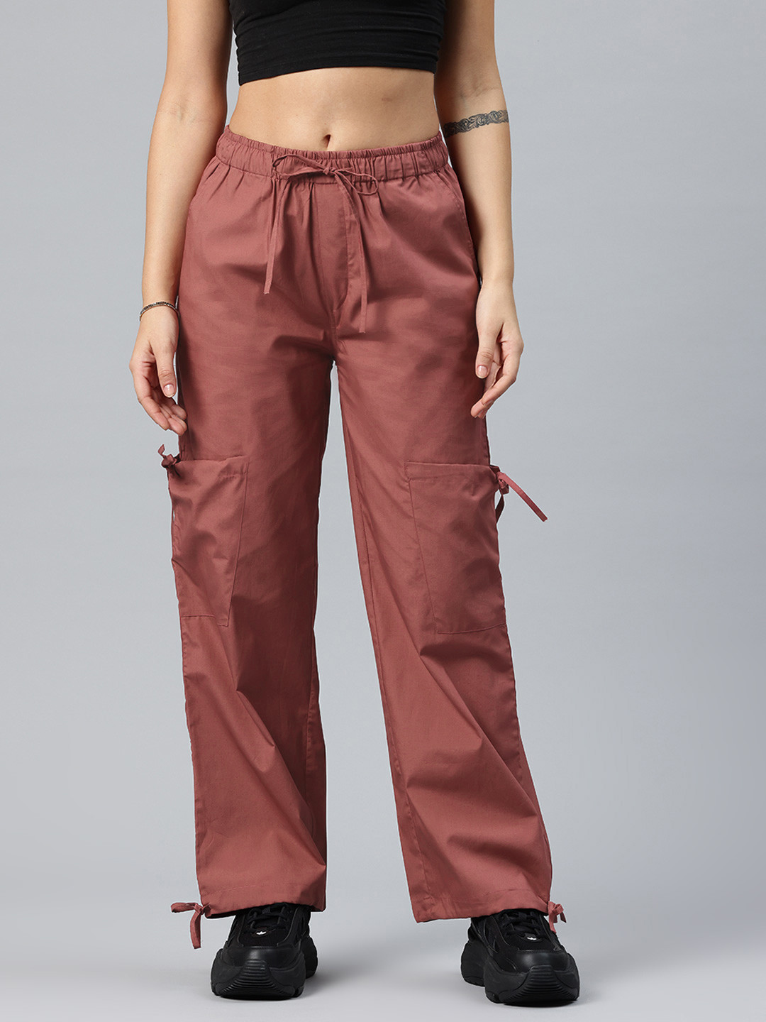 

Popnetic Women Loose Fit High-Rise Parachute Cargo Trousers, Coral