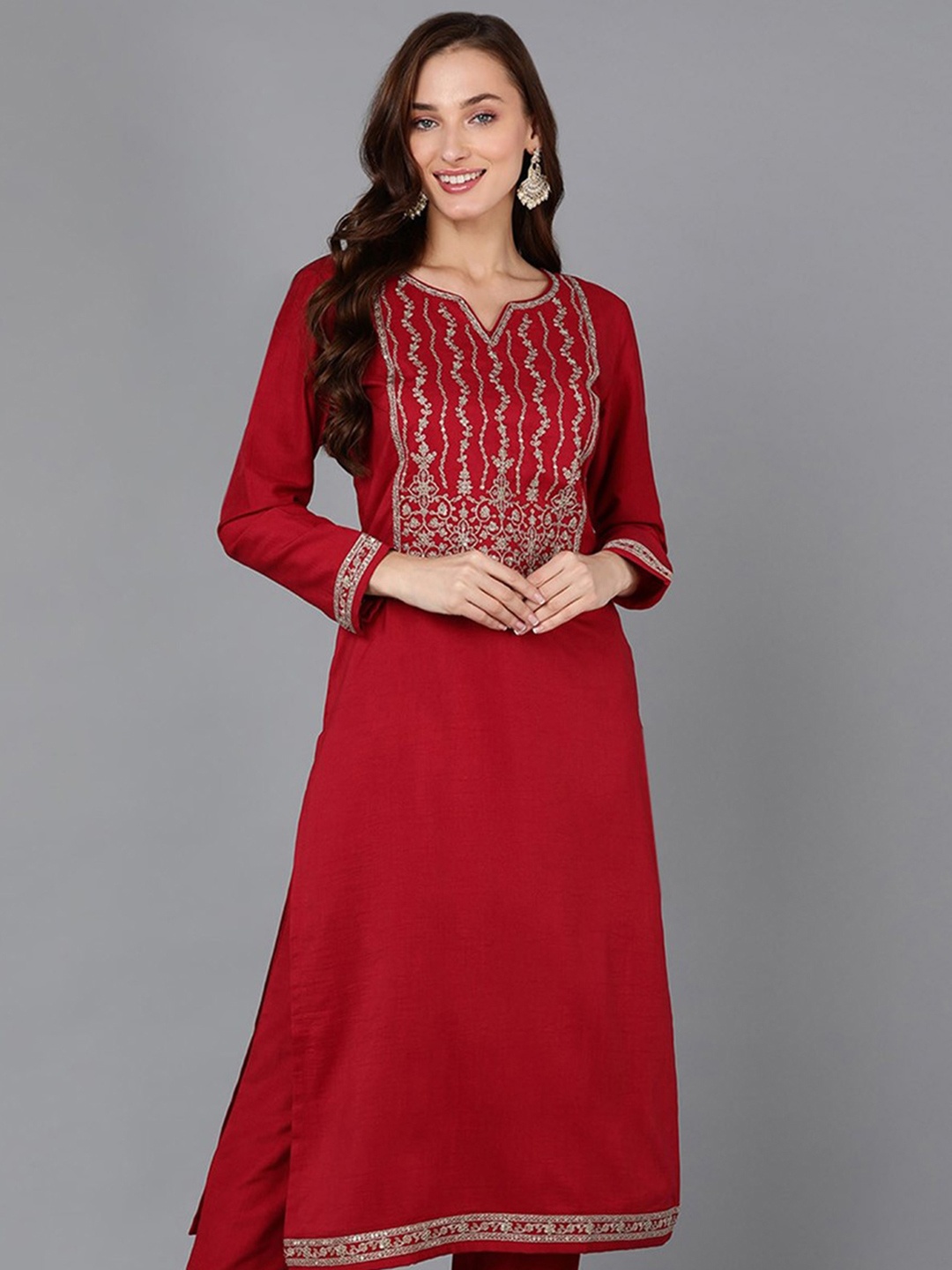 

KALINI Notch Neck Embroidered Sequinned Straight Kurta, Red