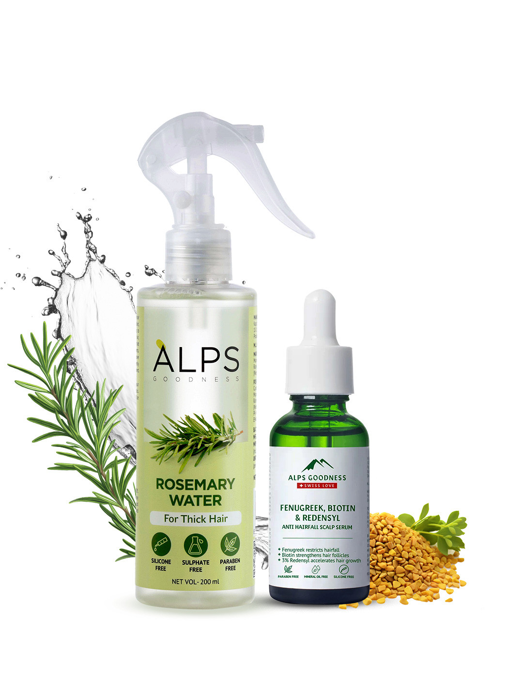 

Alps Goodness Set of 2 Rosemary Water Spray - 200 ml & Anti-Hairfall Scalp Serum - 30 ml, Green
