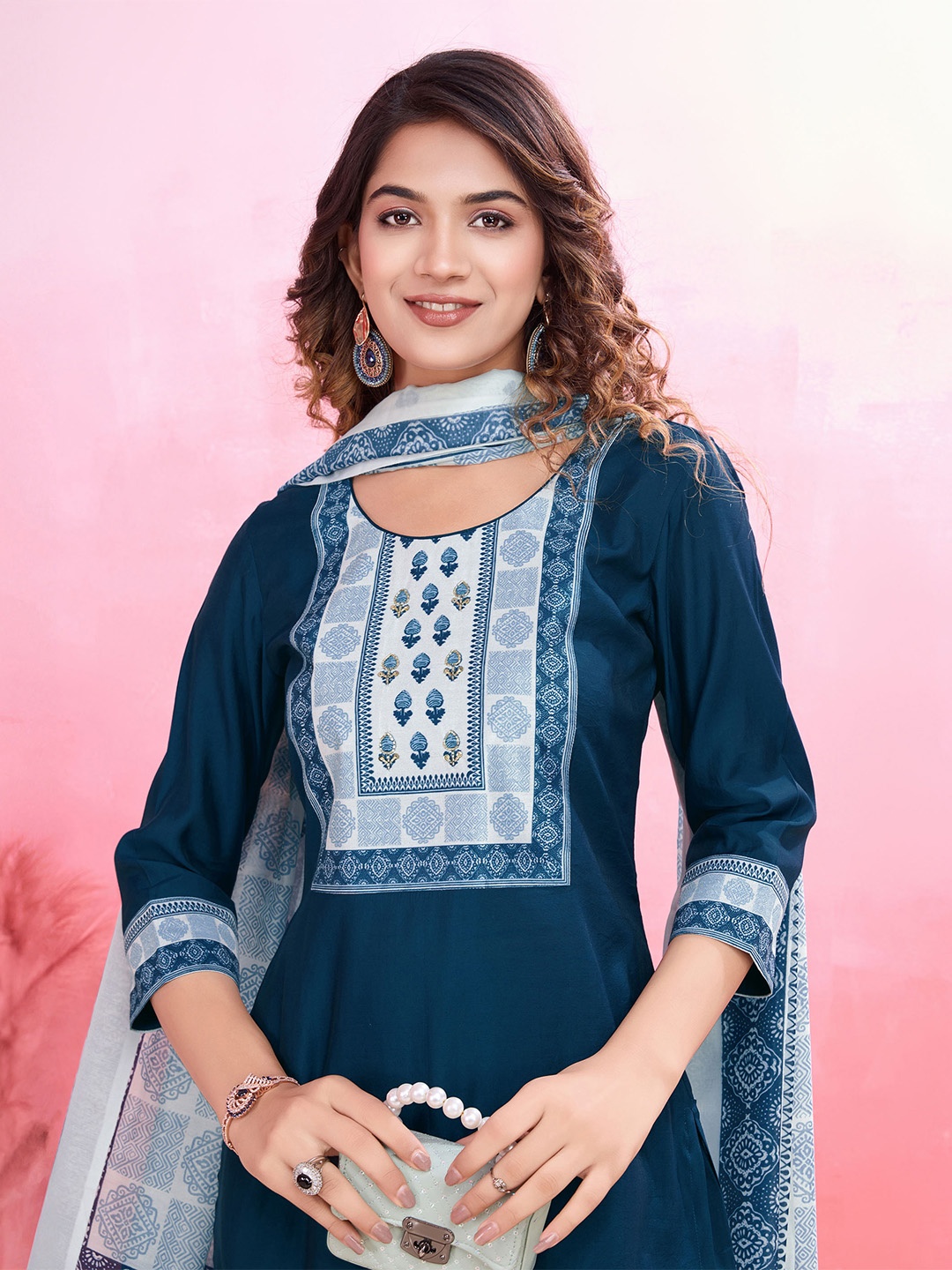 

MOJILAA Women Ethnic Motifs Printed Regular Beads and Stones Kurta with Trousers & With Dupatta, Teal