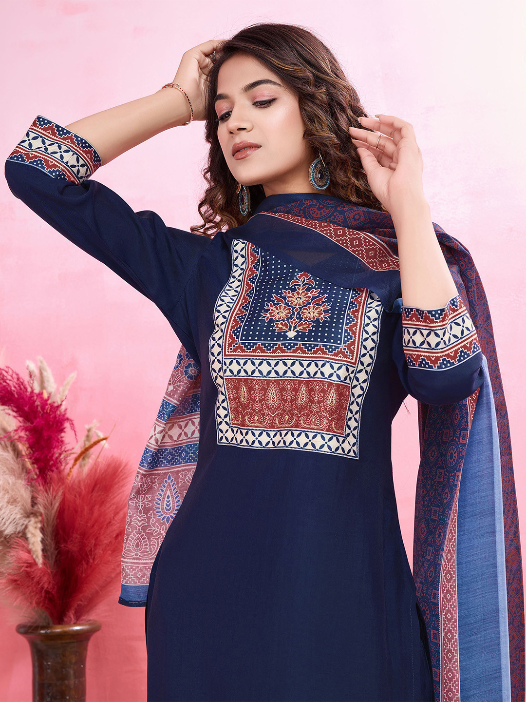 

MOJILAA Women Ethnic Motifs Printed Regular Beads and Stones Kurta with Trousers & With Dupatta, Navy blue