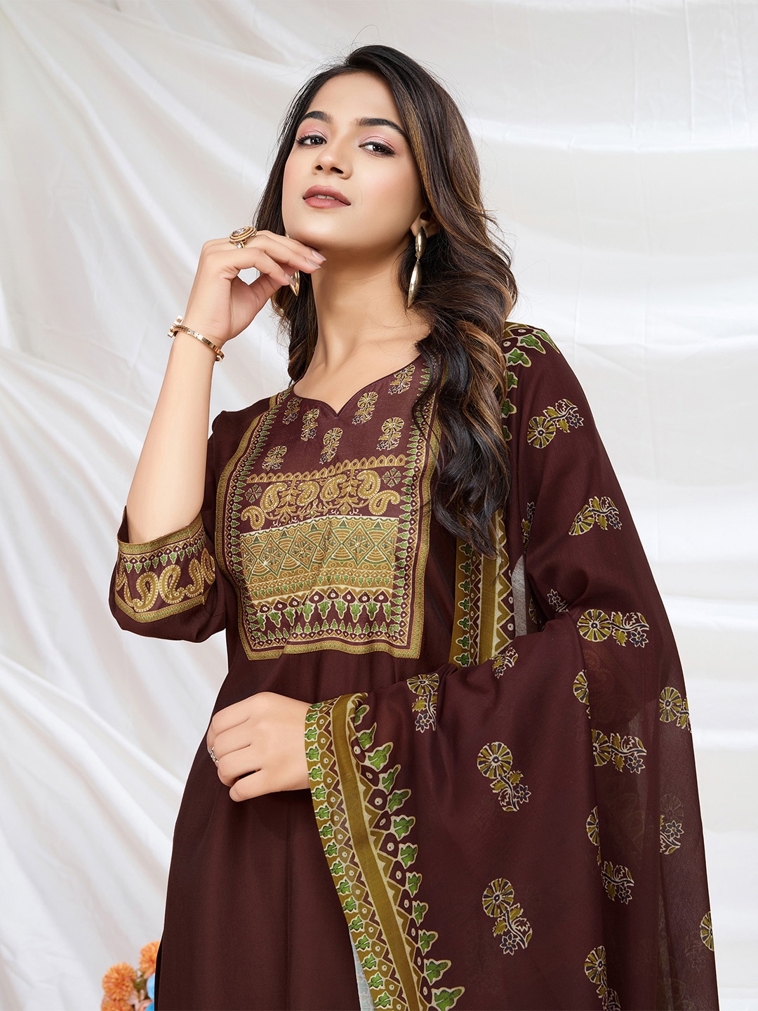 

MOJILAA Women Ethnic Motifs Printed Regular Beads and Stones Kurta with Trousers & With Dupatta, Brown
