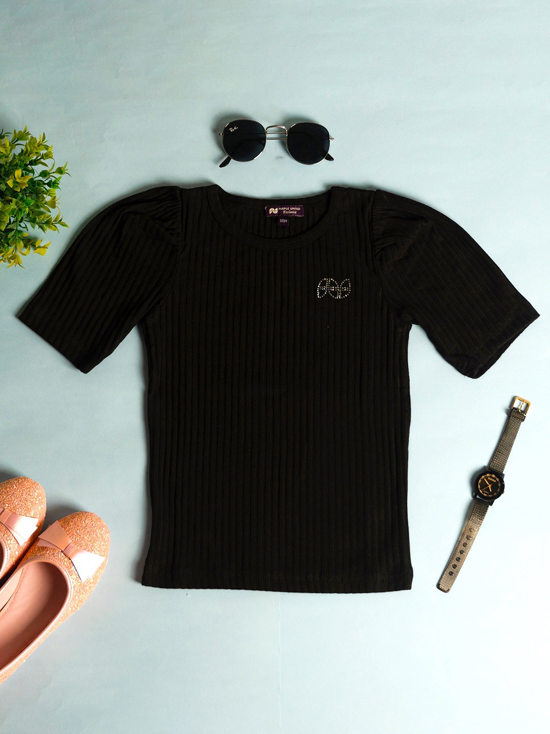 

Purple United Kids Girls Striped Puff Sleeve Cotton Top, Black