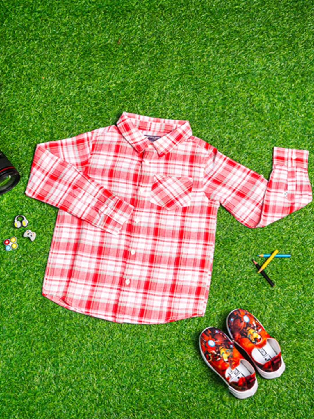 

Purple United Kids Boys Spread Collar Tartan Checked Cotton Casual Shirt, Red