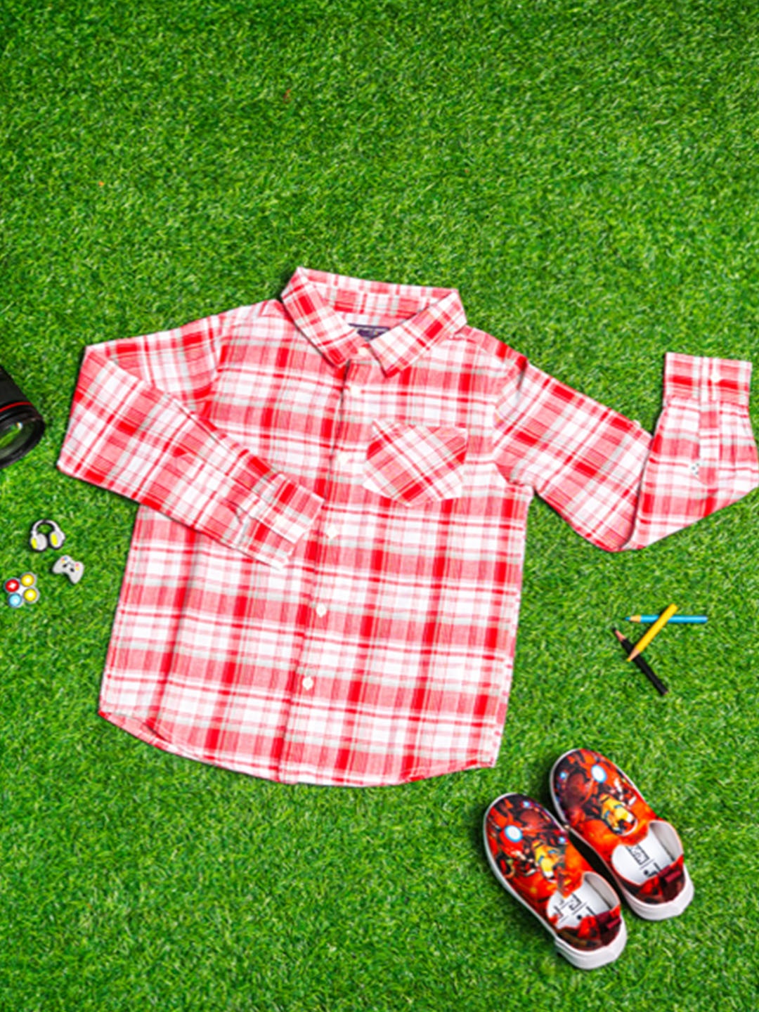 

Purple United Kids Boys Spread Collar Tartan Checked Cotton Casual Shirt, Red