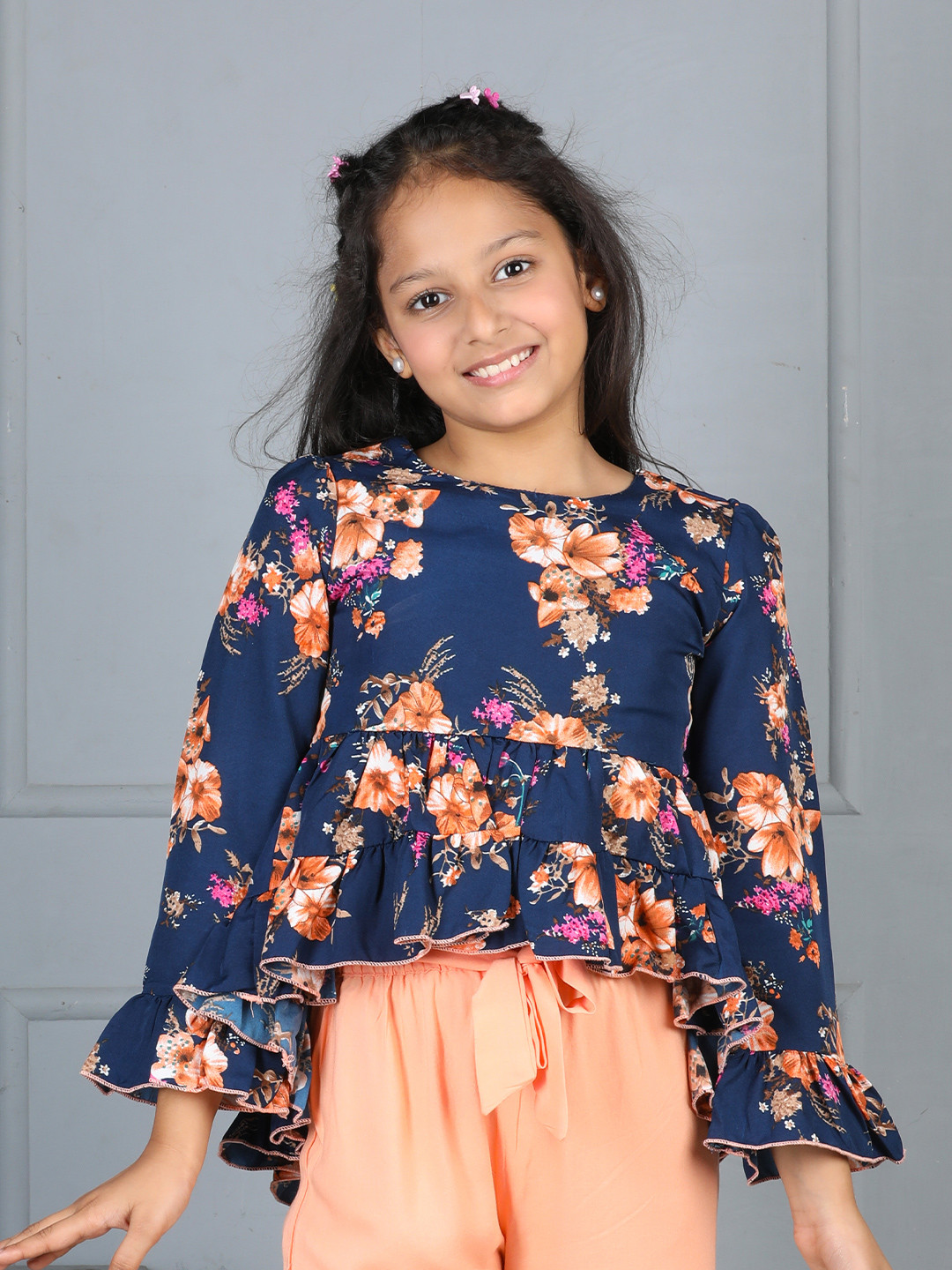

Cutiekins Floral Printed Bell Sleeve High-Low Top, Navy blue