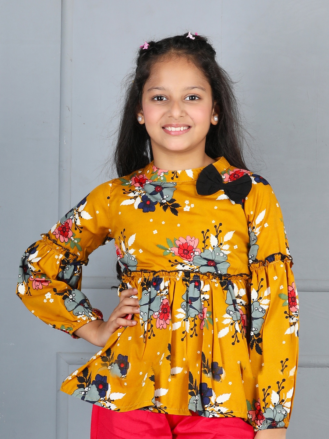 

Cutiekins Print Puff Sleeve Long Sleeves Top, Mustard