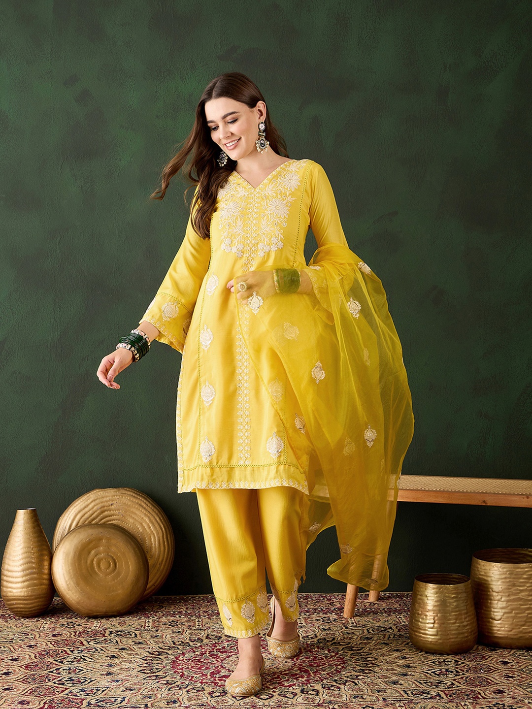 

Sangria Yellow Floral Embroidered Sequined Straight Kurta With Trousers & Dupatta