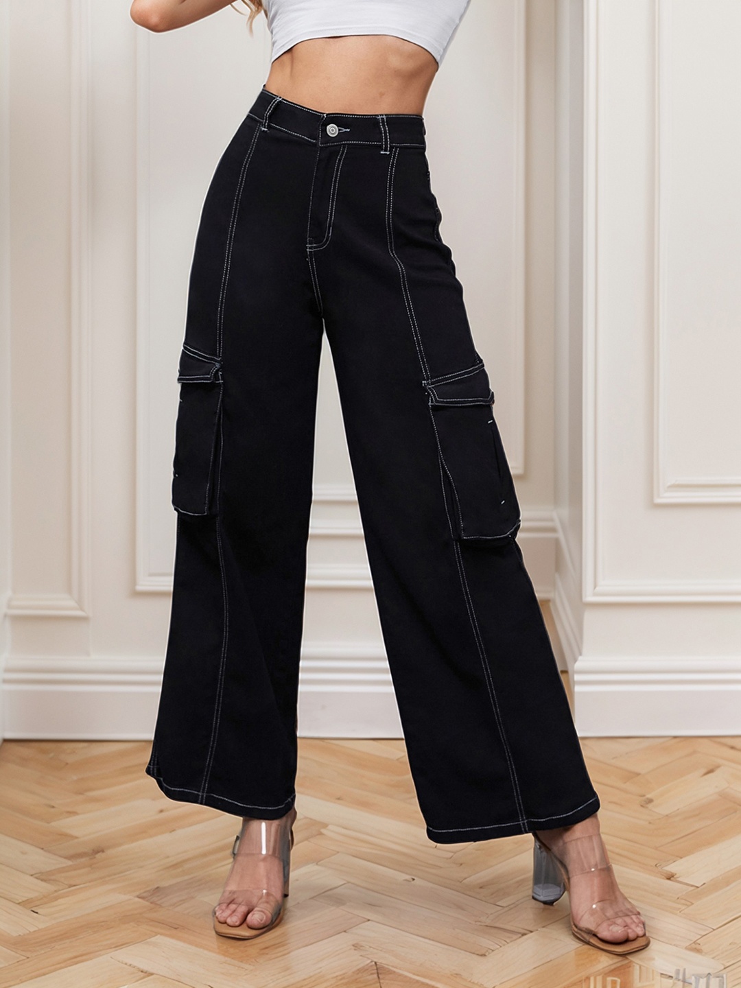 

Miss Chase Women Wide Leg High-Rise Stretchable Jeans, Black
