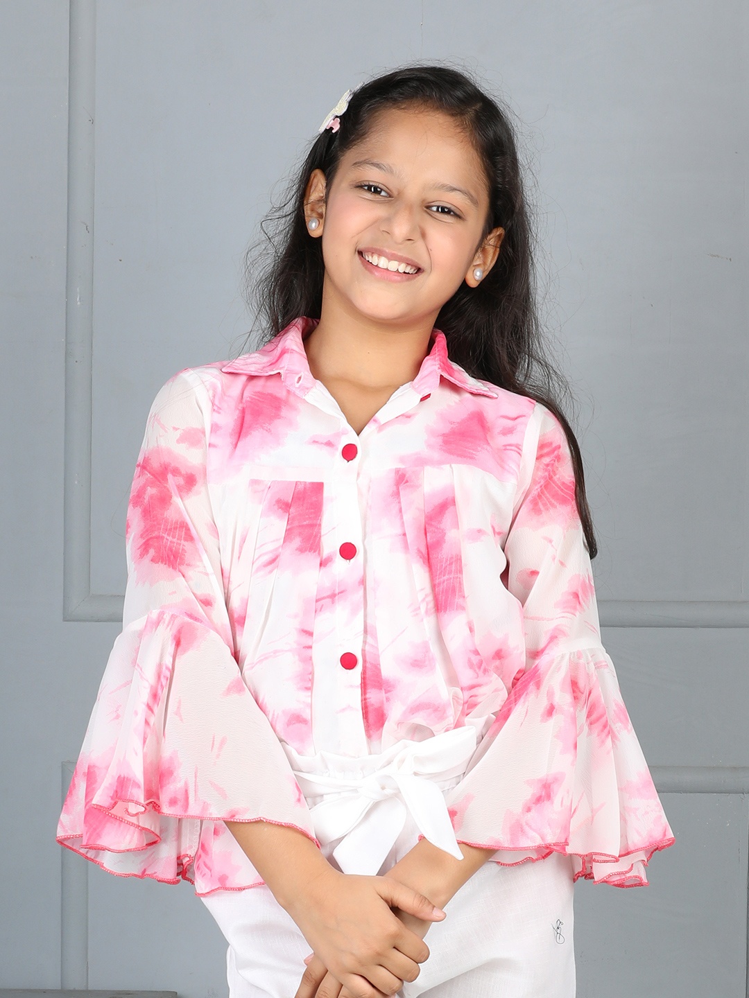 

Cutiekins Tie and Dye Printed Flared Sleeve Shirt Style Top, Off white