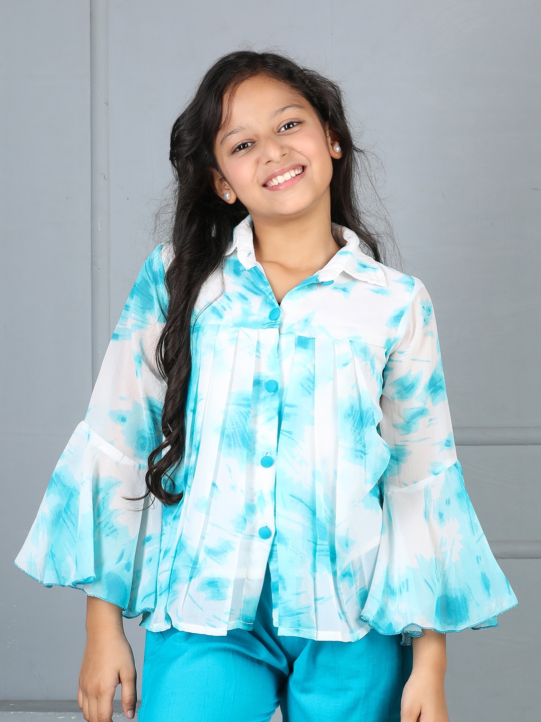 

Cutiekins Girls Tie and Dye Print Flared Sleeve Shirt Style Top, Off white