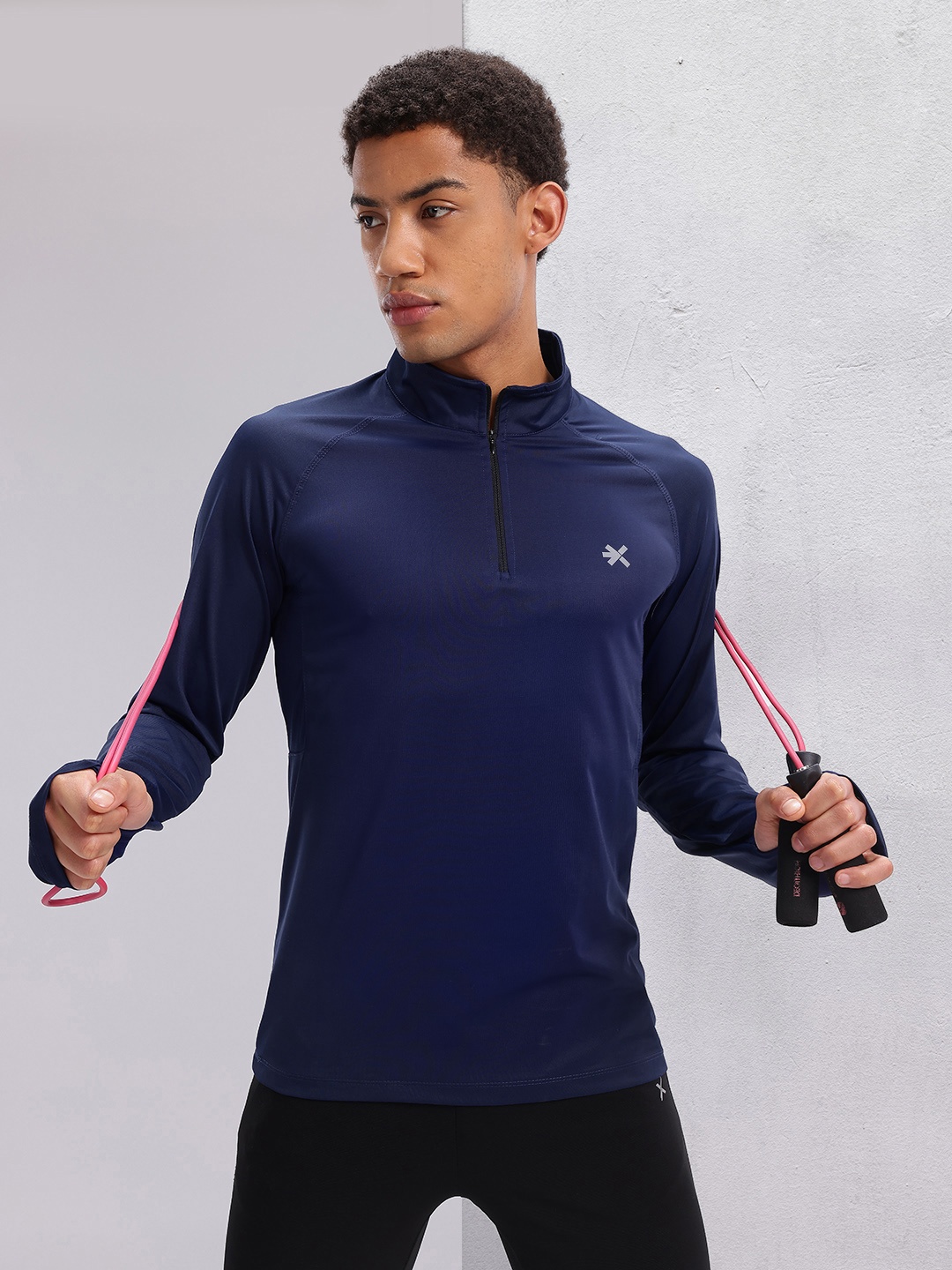 

HRX by Hrithik Roshan High Neck Raglan Sleeves Rapid-Dry Training T-shirt, Navy blue