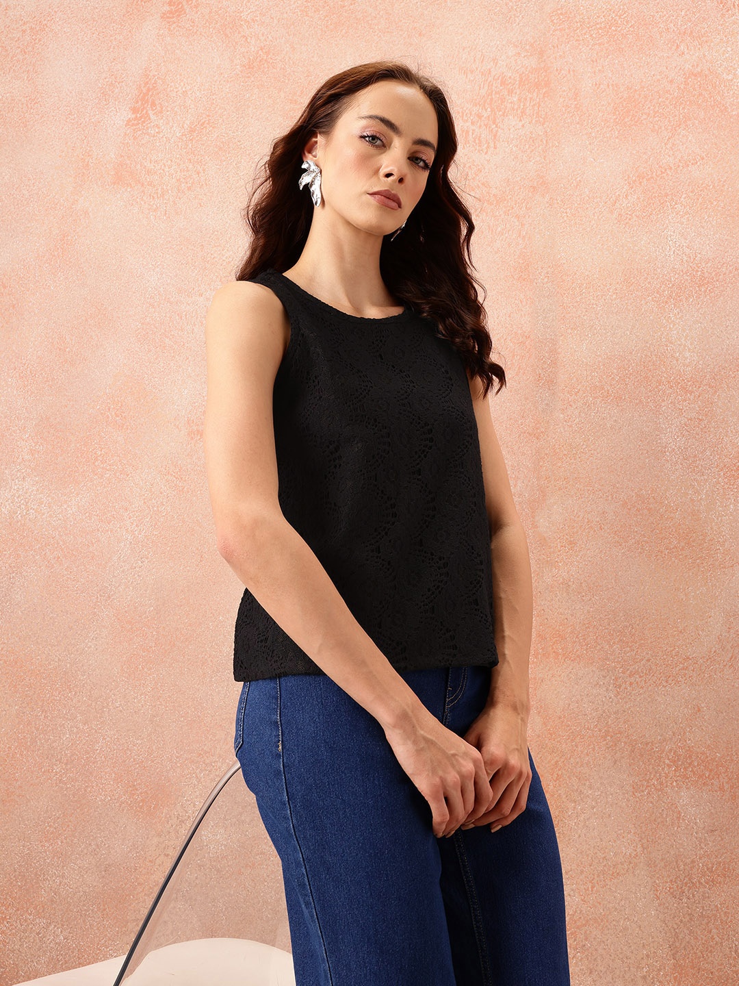 

all about you Self Design Regular Top, Black