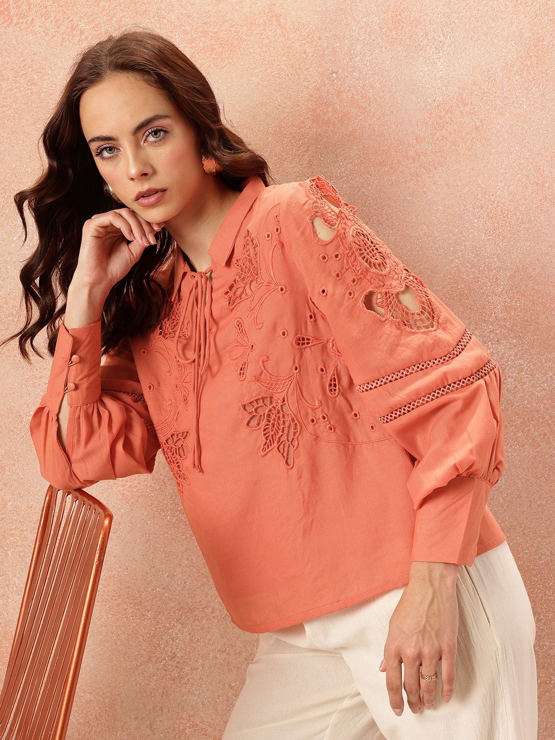 

all about you Tie-Up Neck Shirt Style Schiffli Top, Coral