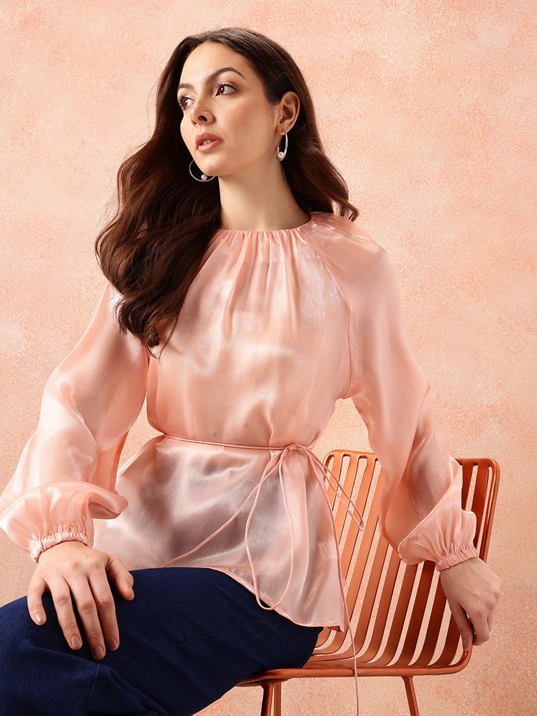 

all about you Puff Sleeves Waist Tie-Up Top, Pink