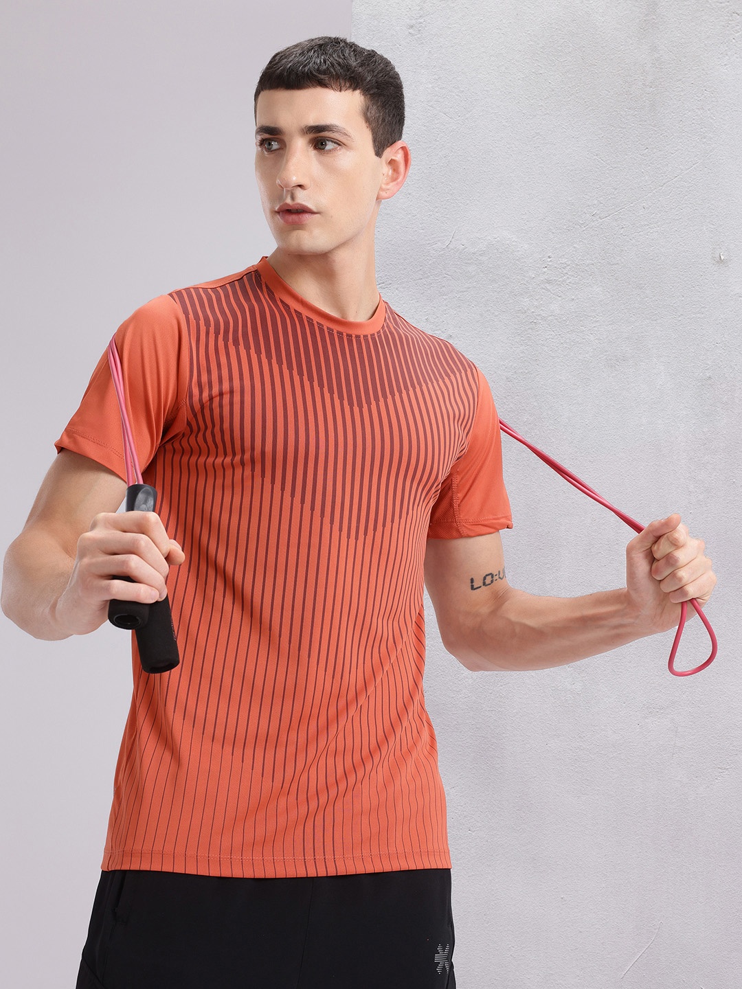 

HRX by Hrithik Roshan Striped Rapid-Dry Training T-shirt, Rust