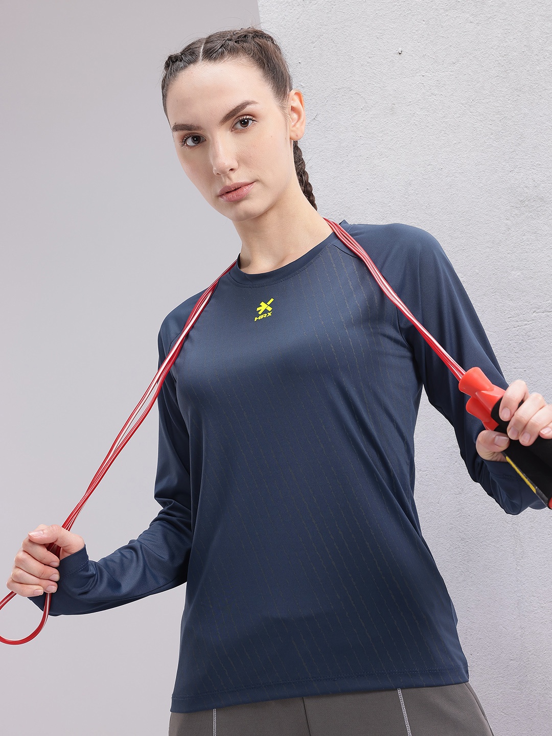 

HRX by Hrithik Roshan Striped Raglan Sleeves Rapid-Dry Training T-shirt, Navy blue